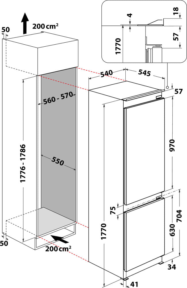 Indesit Lodówka z zamrażarką Do zabudowy INC18 T311 Biel Dwudrzwiow(y)a Technical drawing