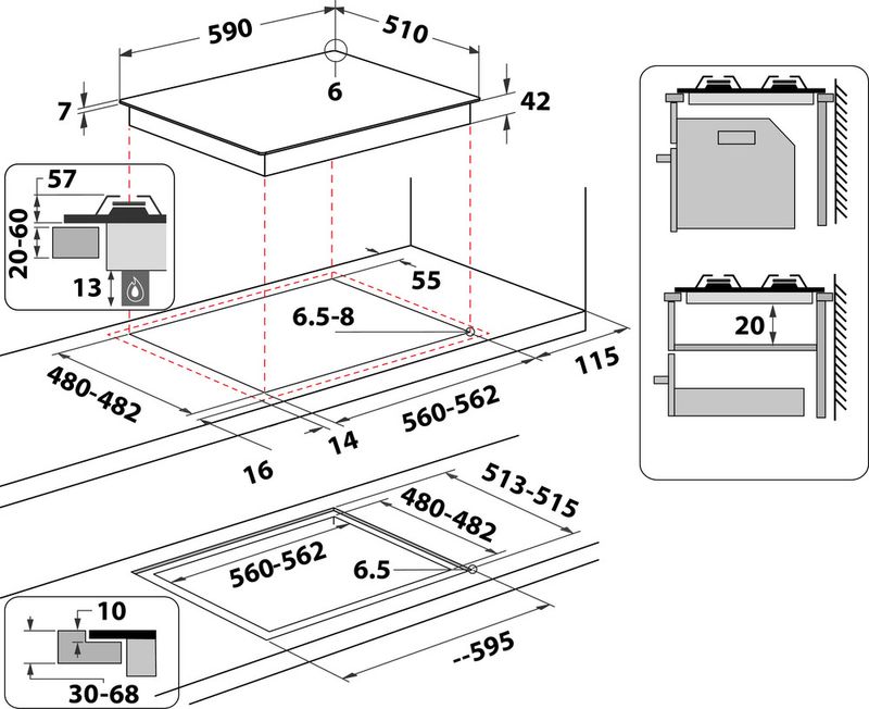 Indesit Płyta grzewcza ING 61T/BK Czarny Gazowy Technical drawing
