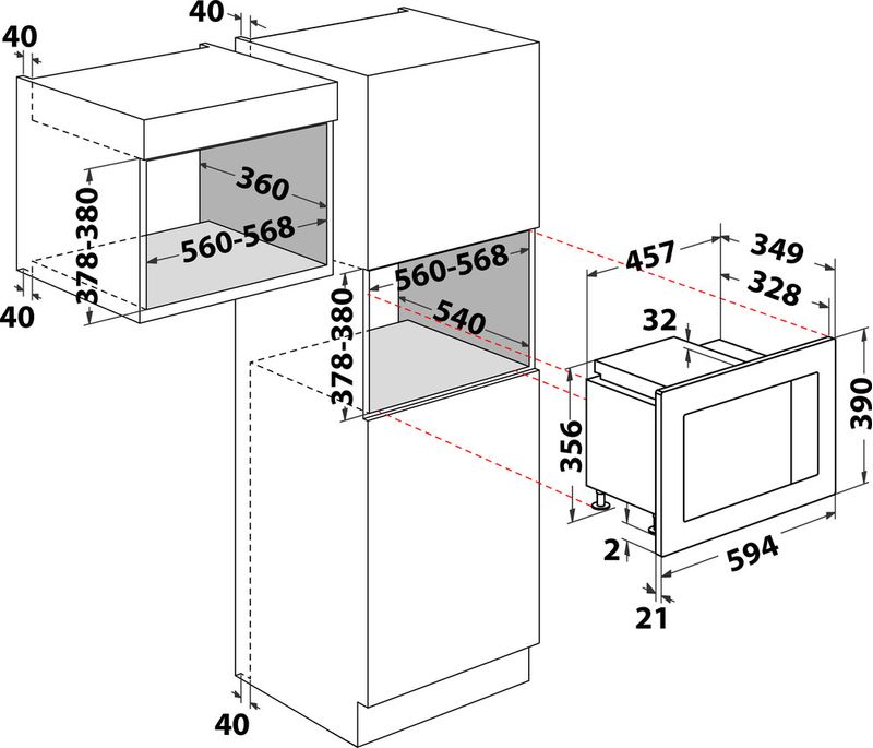 Indesit Mikrofalówka Do zabudowy MWI 120 GX Stal nierdzewna Elektroniczny 20 MW + Grill 800 Technical drawing