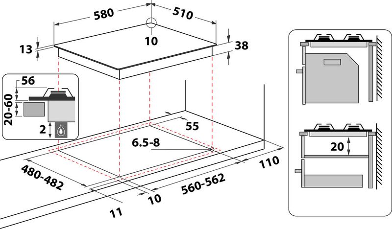 Indesit Płyta grzewcza THP 641 IX/I Inox Gazowy Technical drawing